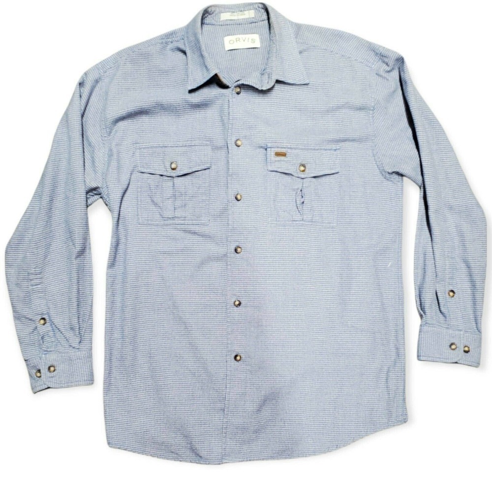 Orvis Men's Long Sleeve Shirt L Oxford Relaxed Brushed Cotton Blue Plaid